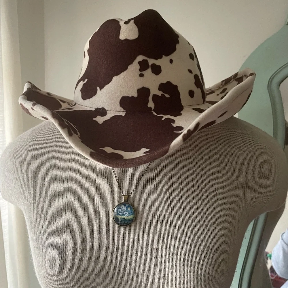 Urban Outfitters wool Brown and White Cow Print Cowboy Hat - Picture 2 of 14